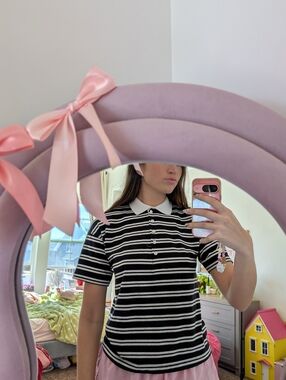 Black & White Striped Polo Top with White Collar Size Small